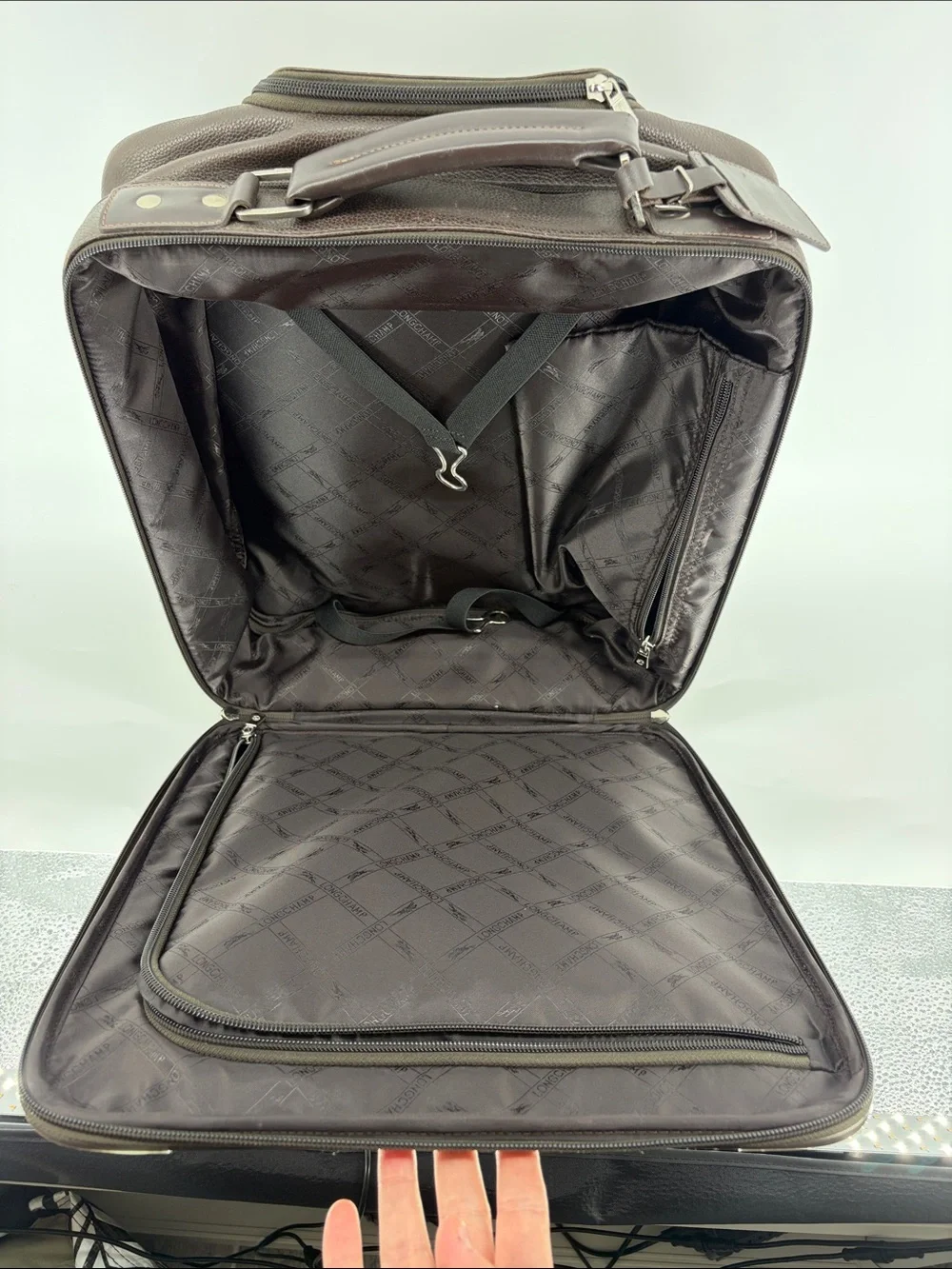 Longchamp Brown Leather Travel Carry-On Rolled Wheeled Bag with Expansion Option